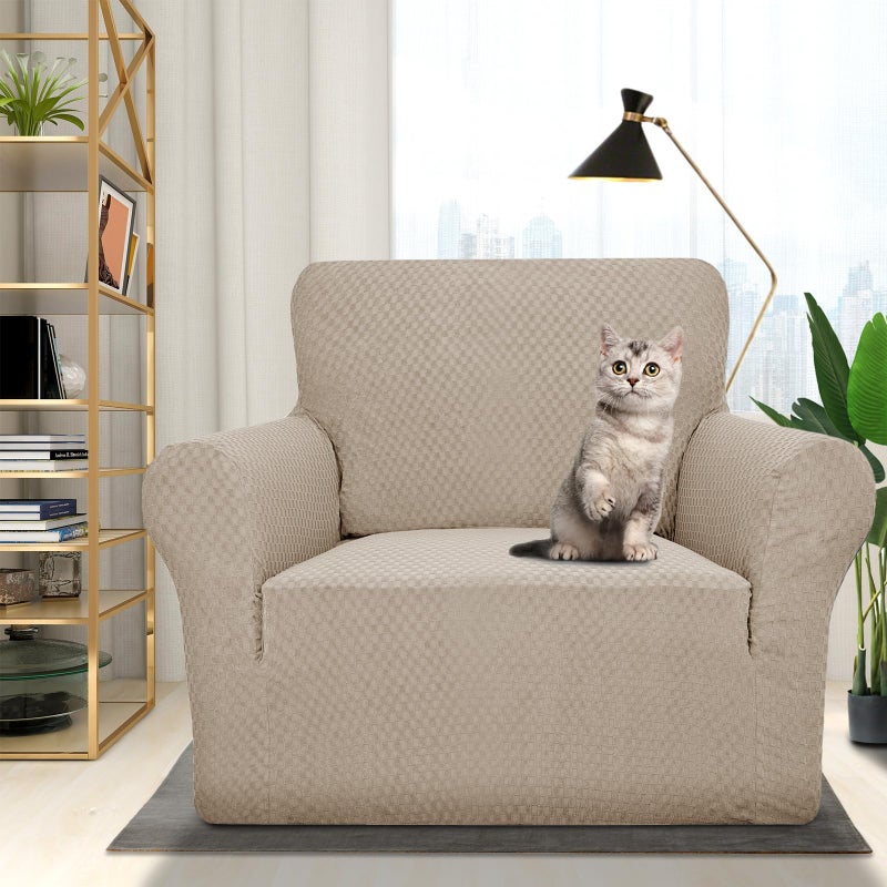 ZNSAYOTX 1 Piece Jacquard Chair Slipcovers for Living Room High Stretch Chair Covers with Arms Anti Slip Pets Friendly Couch Sofa Armchair Cover Furniture Protector (Chair, Khaki) - Image 2